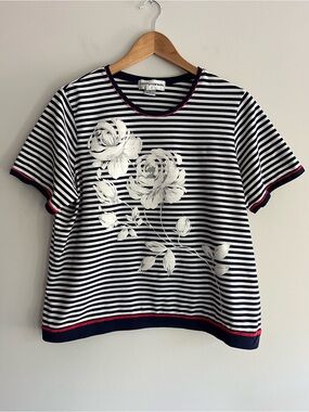 Cathy Daniels Vintage Navy & White Striped Floral Tee with Red Trim XL